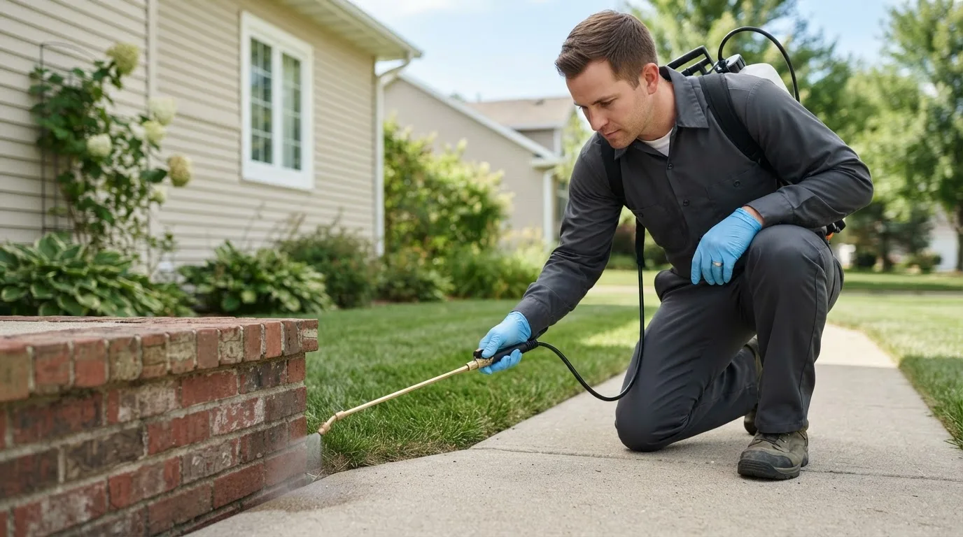 Pest control technician treating a home near Garden Prairie, IL
